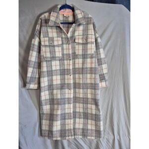 IF BY SEA Plaid Coat Womens Size S Cream Gray Pink Longline Shacket Jacket‎